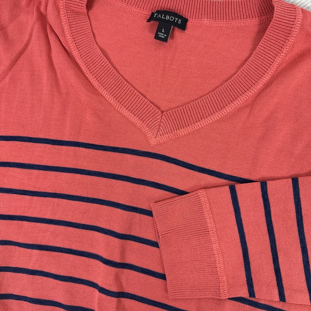Talbots Coral V Neck Shirt Women's Large Stripe Long Sleeve Knit Cotton Blend